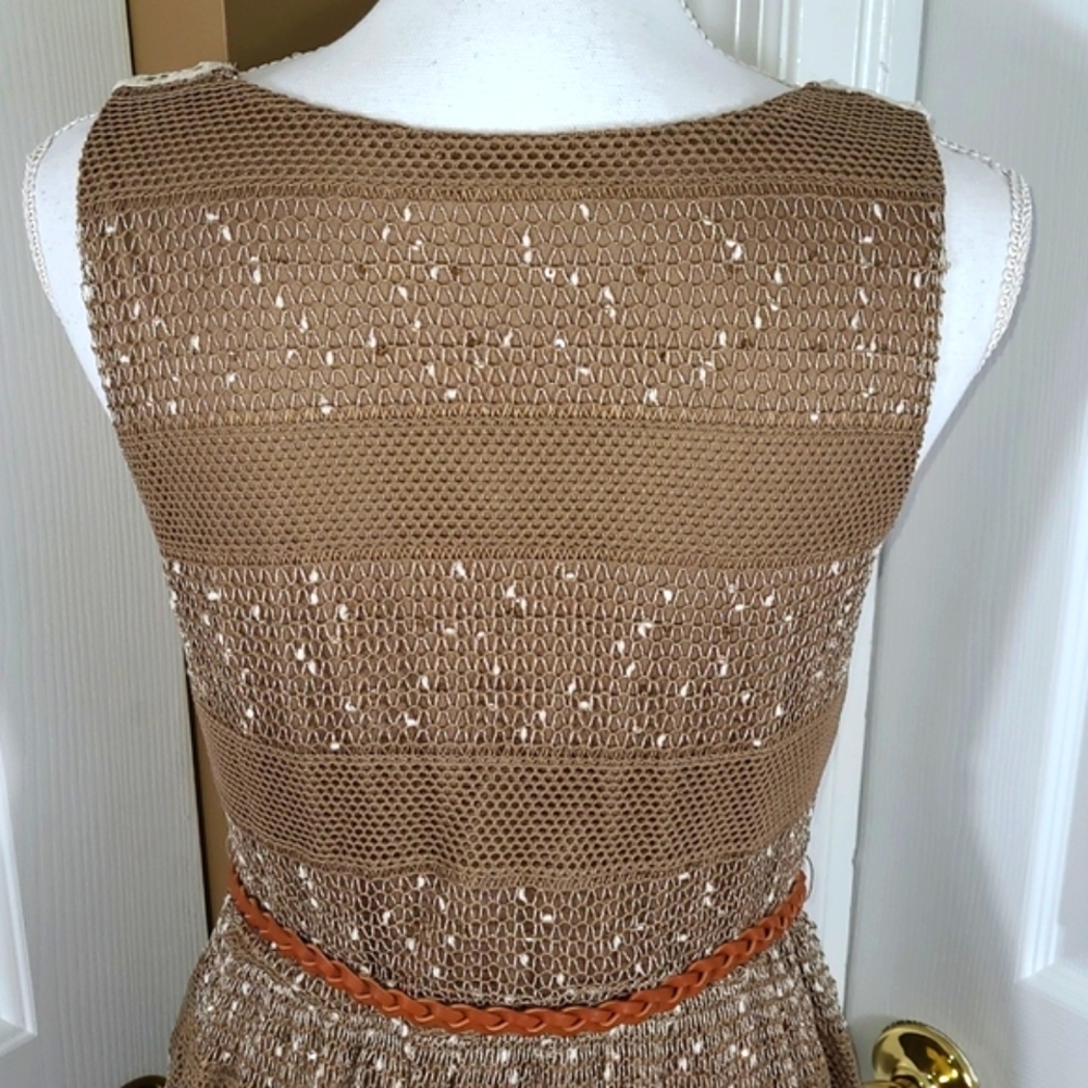 A'reve Striped Sleeveless Maxi Sundress Dress Brown Cream Crocheted Front - Picture 8 of 16